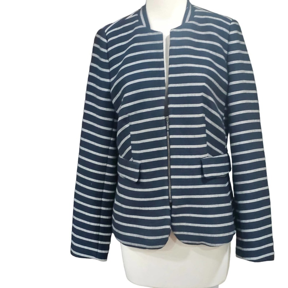The Limited Navy Blue and Gray Horizontal Stripe Half‎ zip Blazer Size M